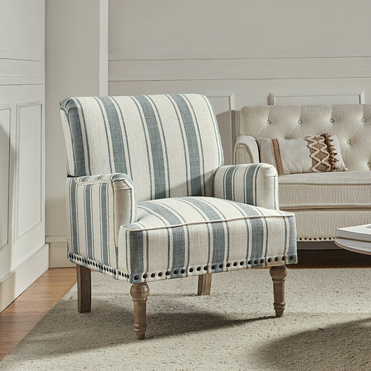 Lecce Farmhouse Armchair with Carved Wood Legs and Striped Fabric