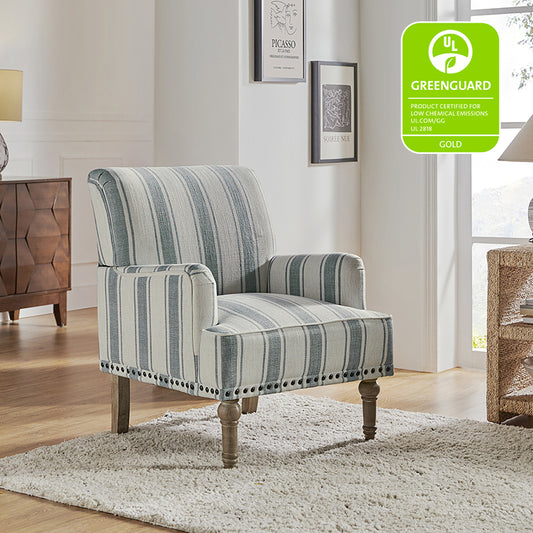 Lecce Farmhouse Armchair with Carved Wood Legs and Striped Fabric