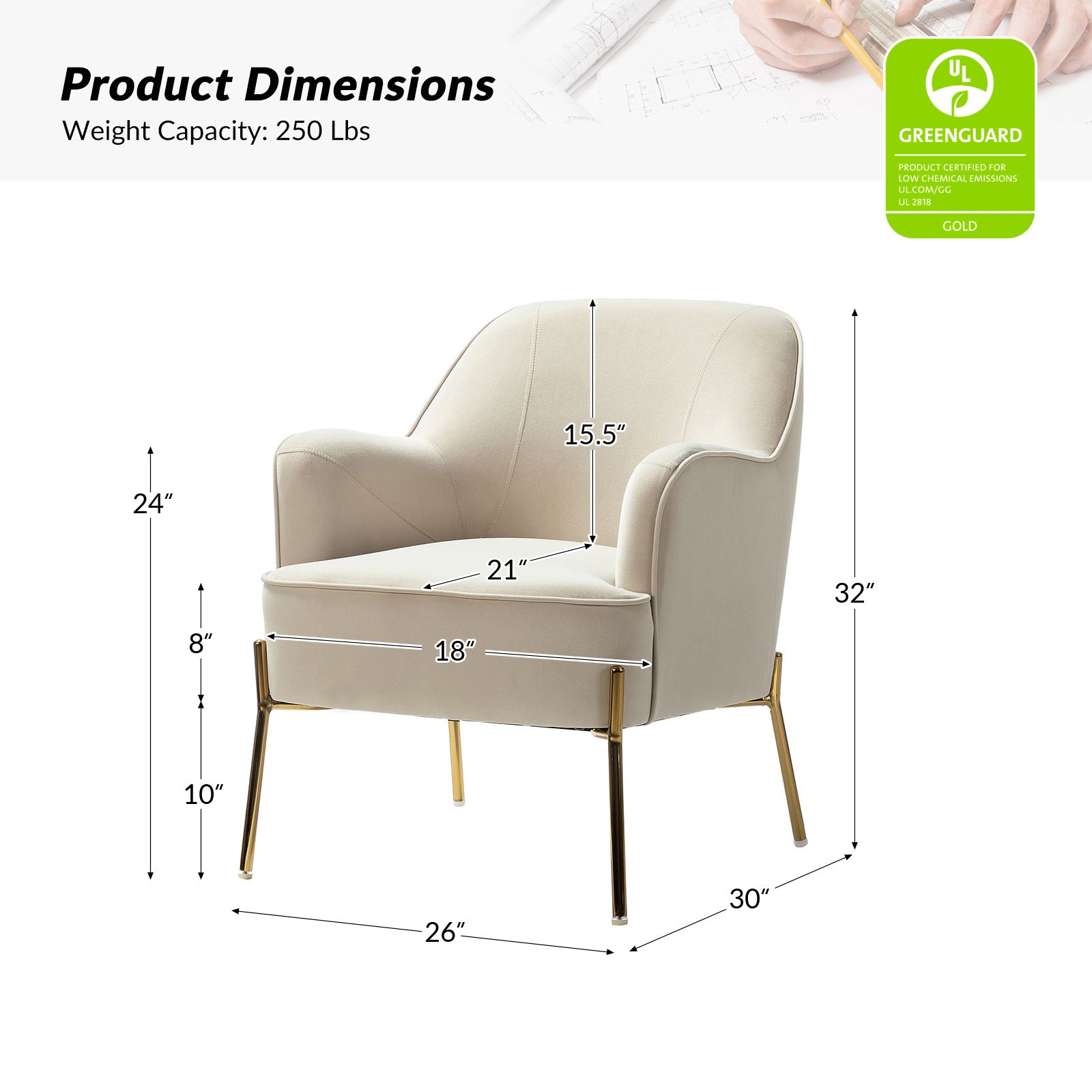 Marina 26" Wide Contemporary Velvet Armchair with Recessed Arms
