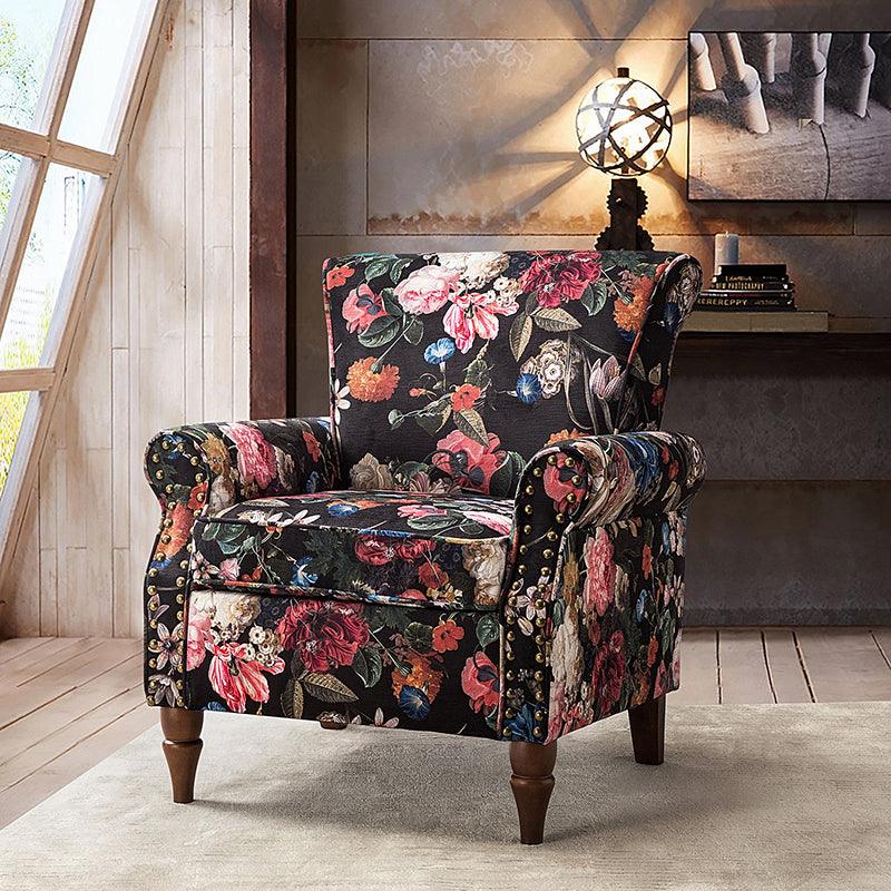 Modern Floral Pattern Upholstered Armchair with Wood Legs - Hulala Home