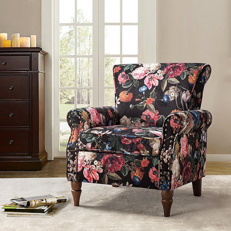 Modern Floral Pattern Upholstered Armchair with Wood Legs - Hulala Home