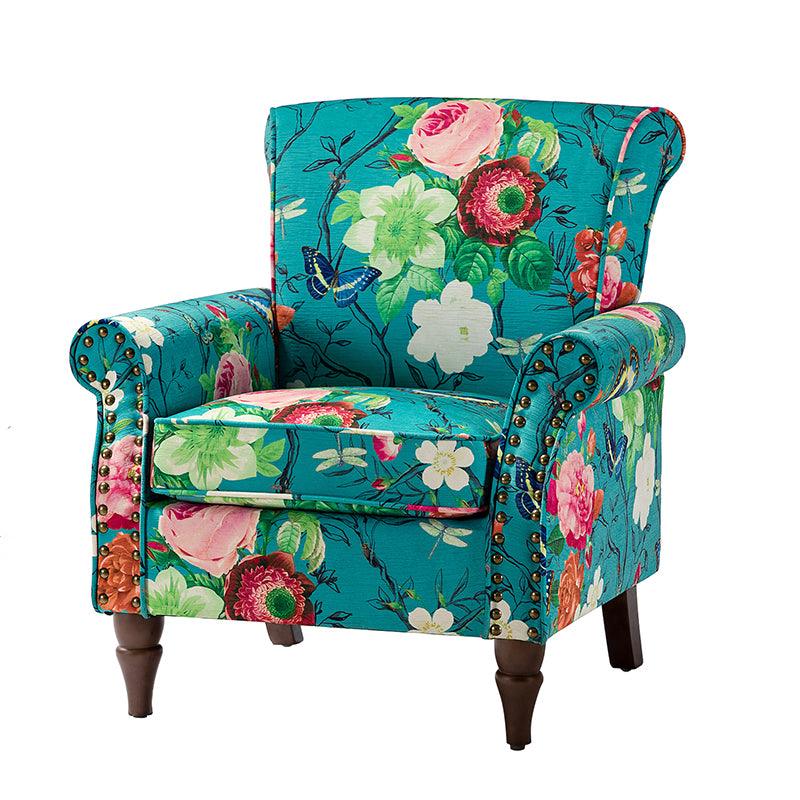 Modern Floral Pattern Upholstered Armchair with Wood Legs - Hulala Home