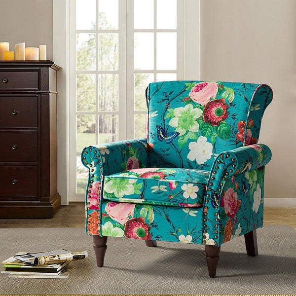 Modern Floral Pattern Upholstered Armchair with Wood Legs - Hulala Home