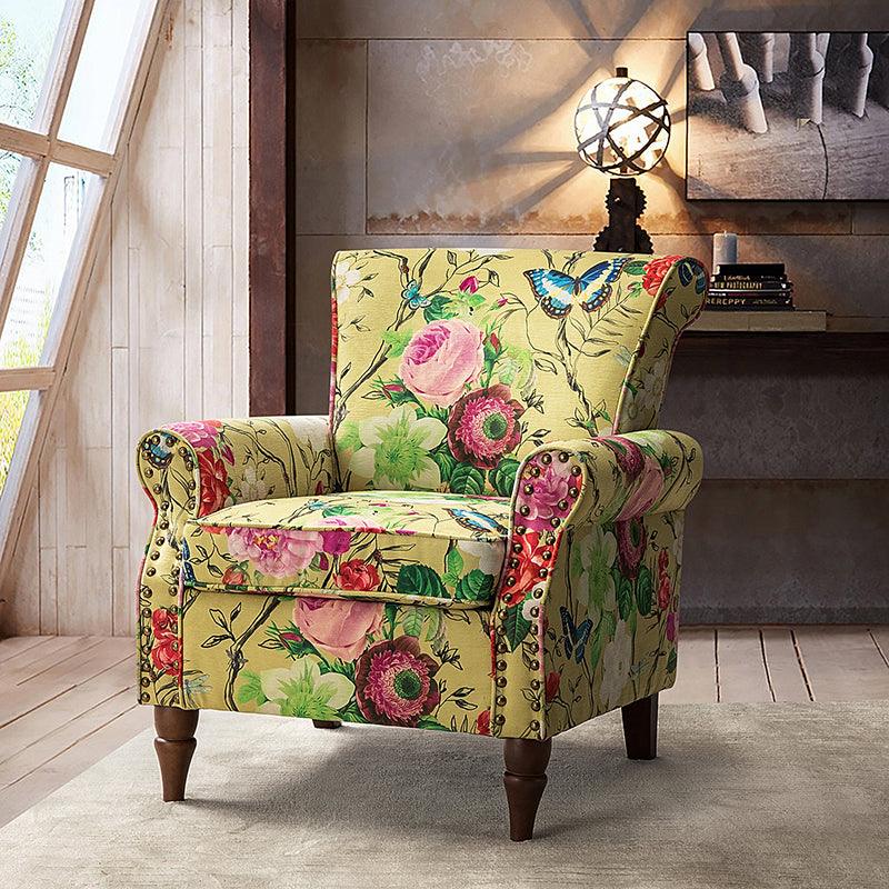 Modern Floral Pattern Upholstered Armchair with Wood Legs - Hulala Home